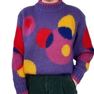 Vintage 1980s Mohair Geometric Fluffy Clowncore Oversized Sweater Sz M